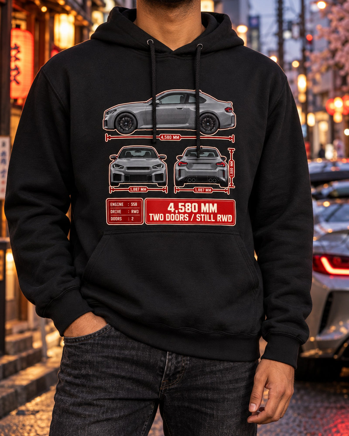 BMW M2 G87 Three-View Spec Tee, 4,580 mm Rear-Drive Car Shirt Pull Over Hoodie Black worn hero