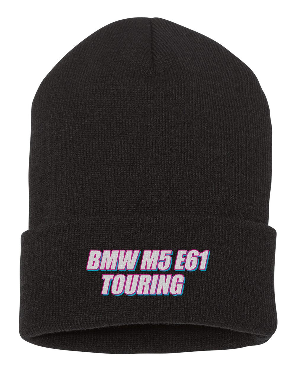 Bmw M5 E61 Touring black beanie front view with car name