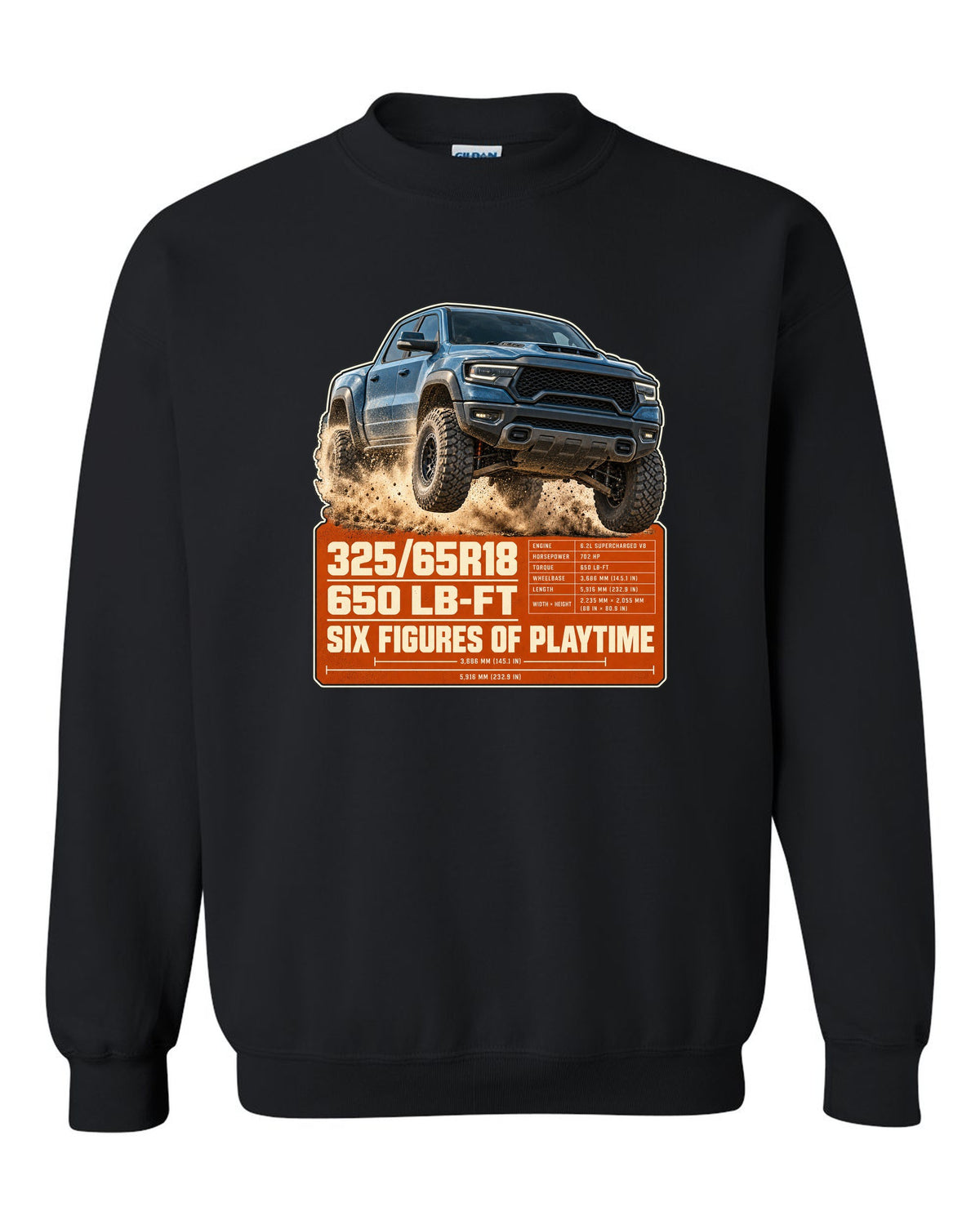 Ram 1500 TRX spec poster with tyre size and torque print black crewneck front view with the design