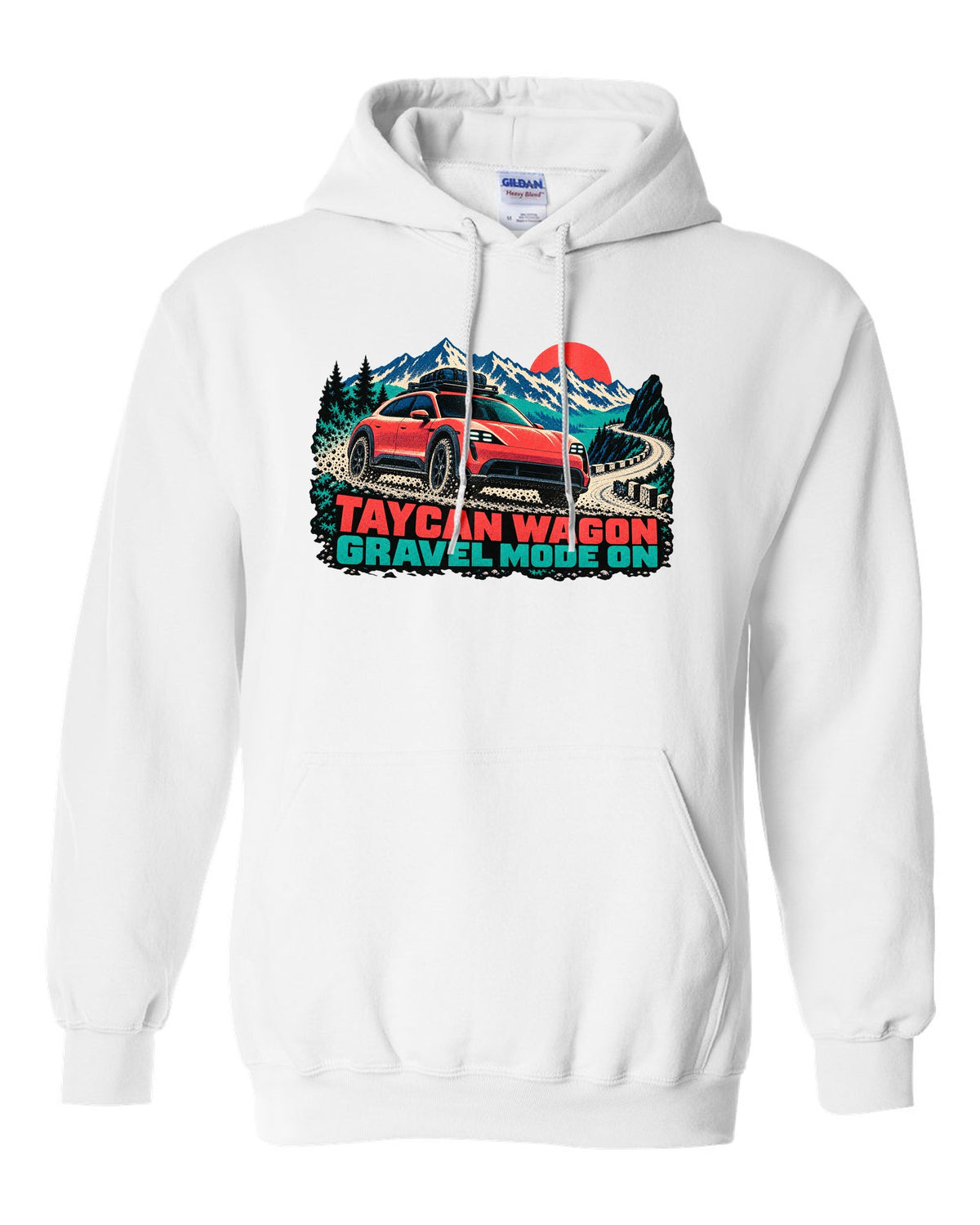 Porsche Taycan Cross Turismo Y1B risograph print with the text Taycan wagon gravel mode on white pull over hoodie front view with the design