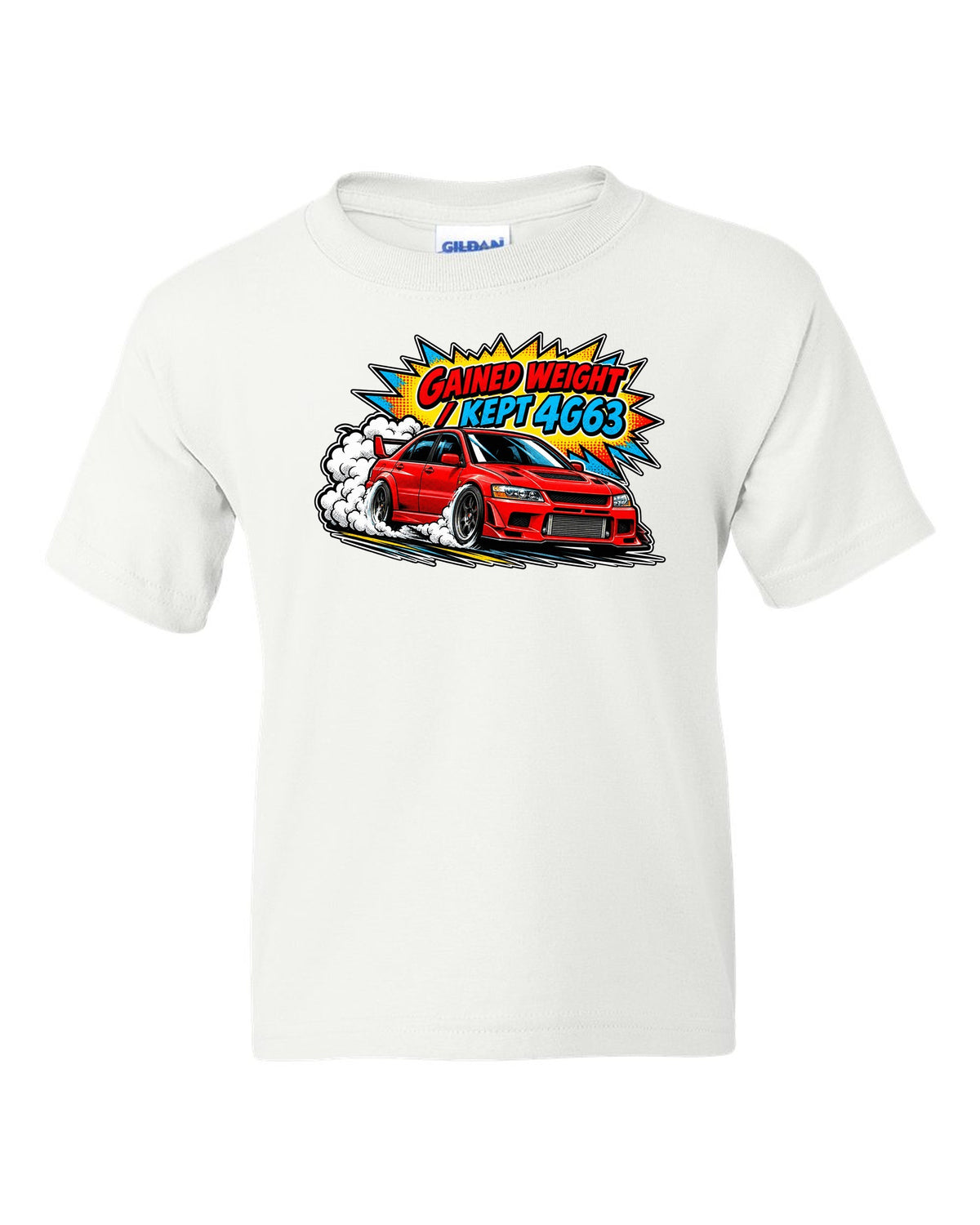 Comic halftone pop-art launch print of the Mitsubishi Evo VII CT9A with gained weight kept 4G63 text white kids tee front view with the design