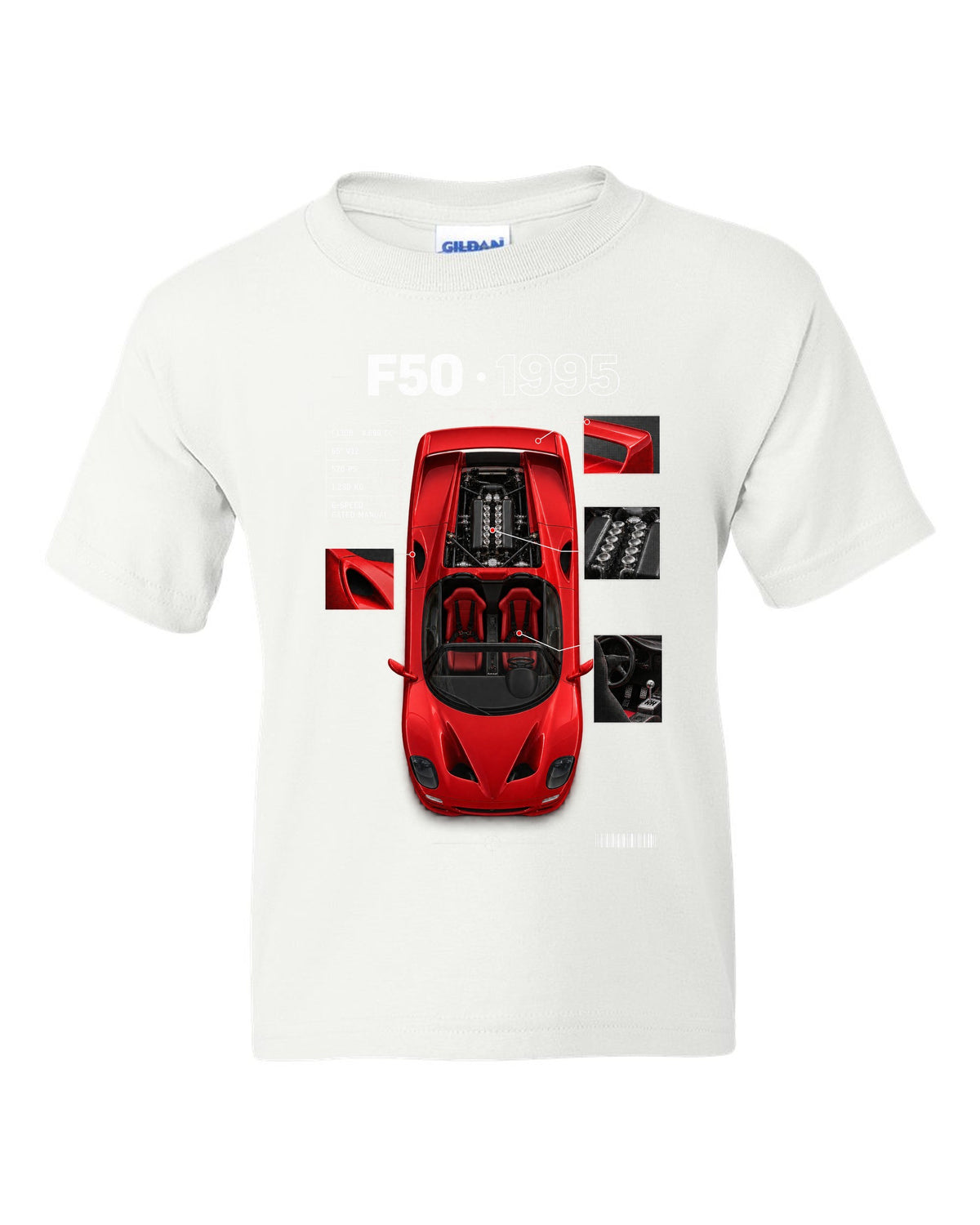 Ferrari F50 1995 top-down plan spec poster print, F130B 4,698 cc V12, 520 PS white kids tee front view with the design