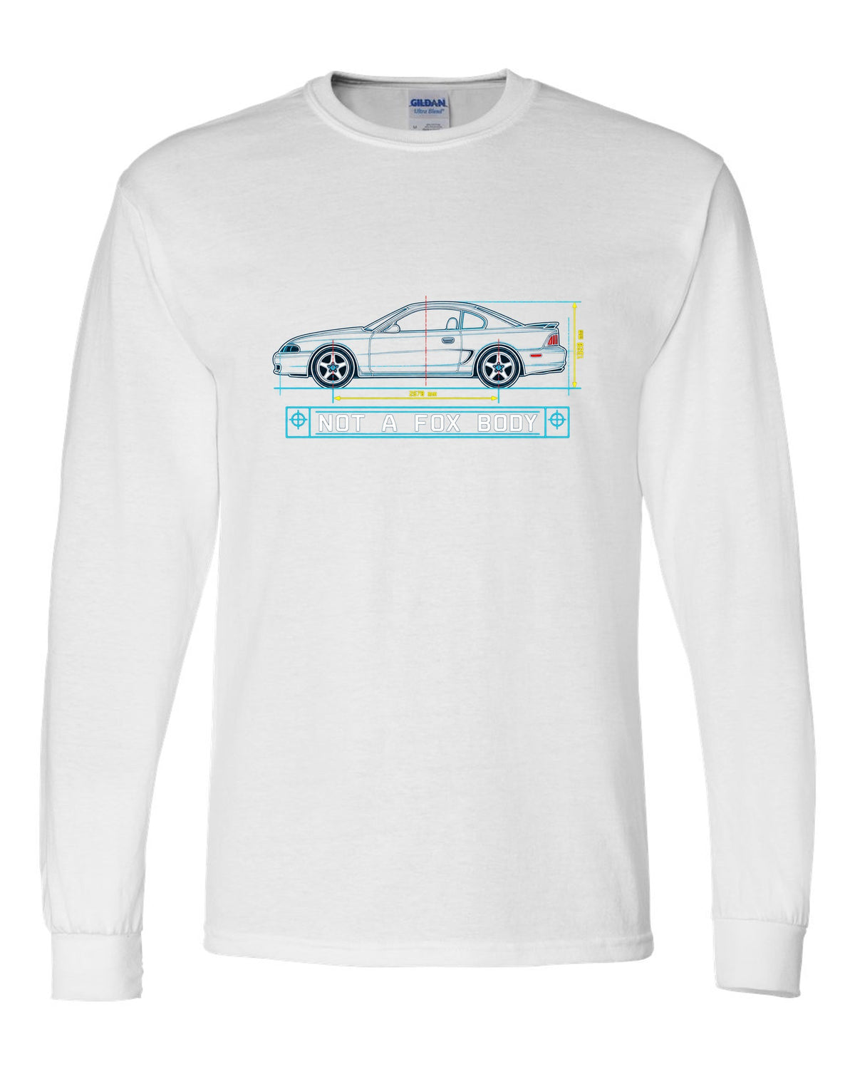 1994-98 SN95 Mustang Coupe Blueprint white long sleeve front view with the design