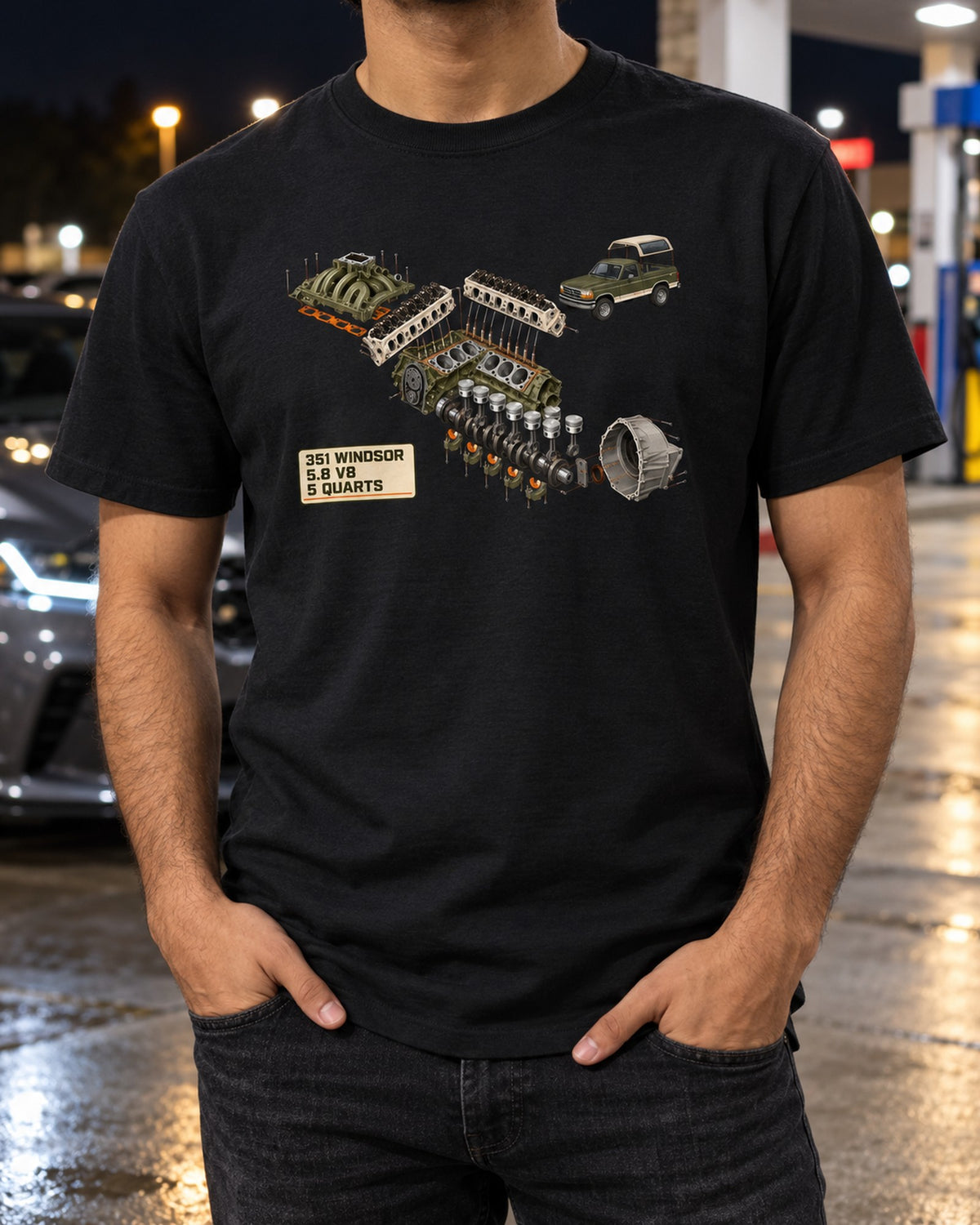 1992-96 Ford Bronco OBS Engine Bay Cutaway Diagram Shirt T-Shirt Black worn hero