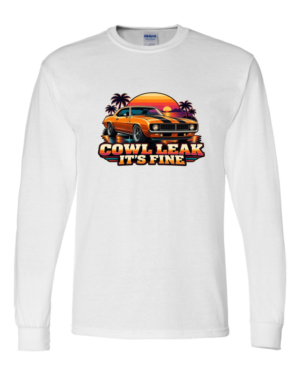 Retro banded sunset illustration of a 1969 Chevrolet Camaro coupe with cowl leak lettering white long sleeve front view with the design