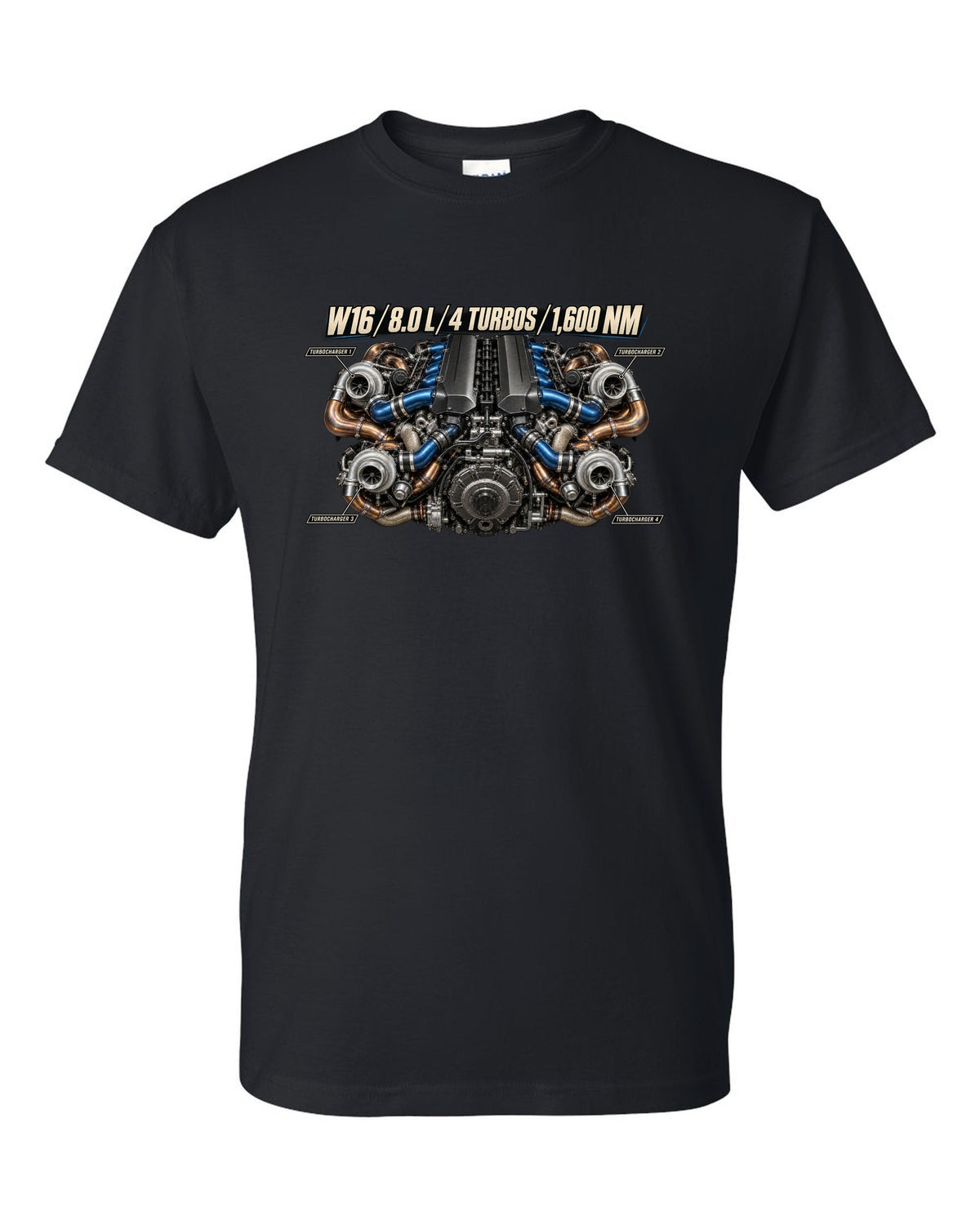 Bugatti W16 8.0 litre quad-turbo engine poster print black t-shirt front view with the design