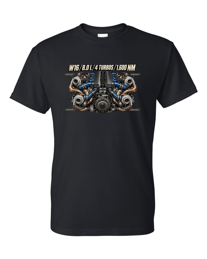 Bugatti W16 8.0 litre quad-turbo engine poster print black t-shirt front view with the design