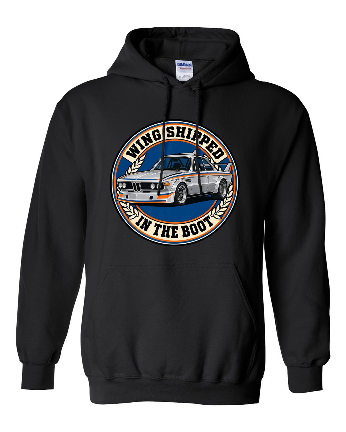 Embroidery-style varsity crest print of a BMW 3.0 CSL E9 with wing in the boot text black pull over hoodie front view with the design