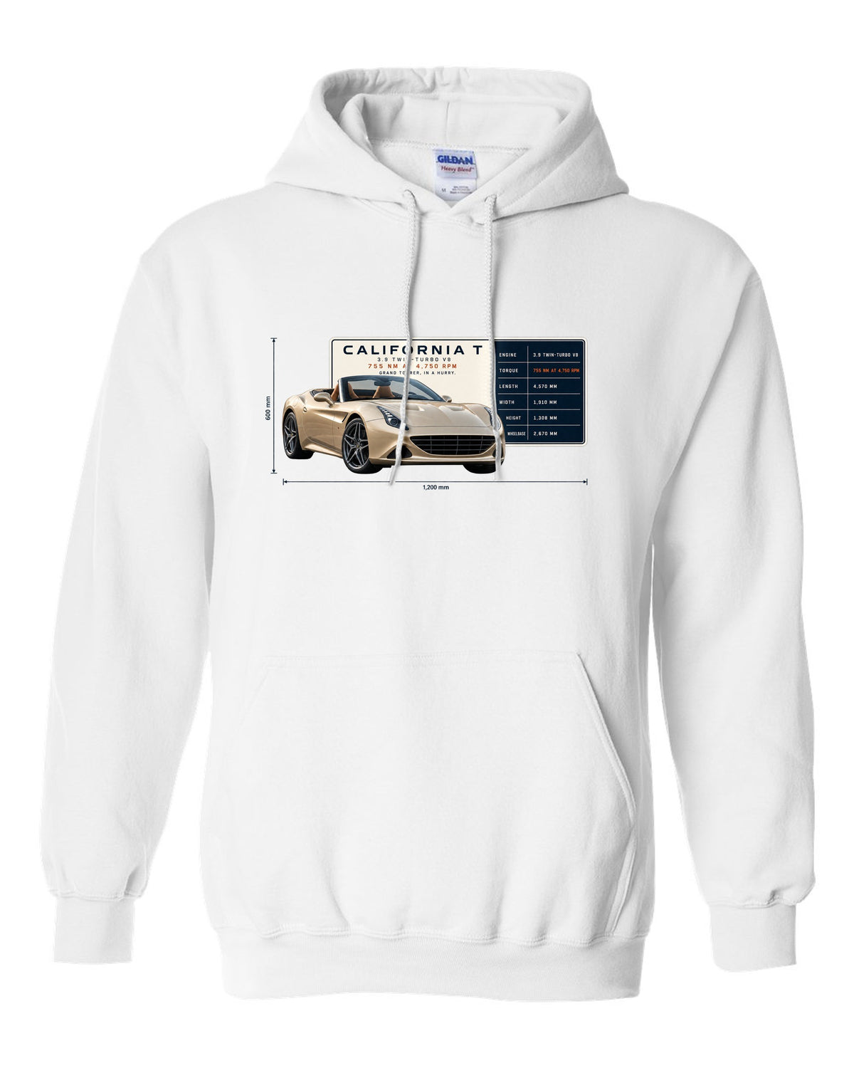 Spec poster print of the Ferrari California T in champagne tones white pull over hoodie front view with the design