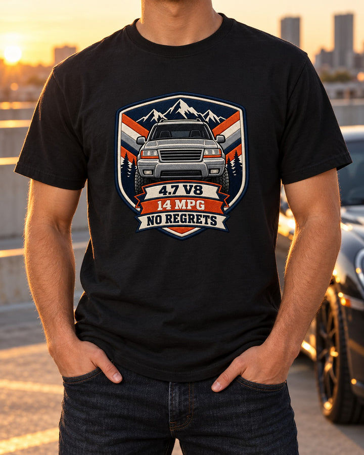 Jeep Grand Cherokee WJ 4.7 V8 Embroidered Shield Tee T-Shirt Black worn hero