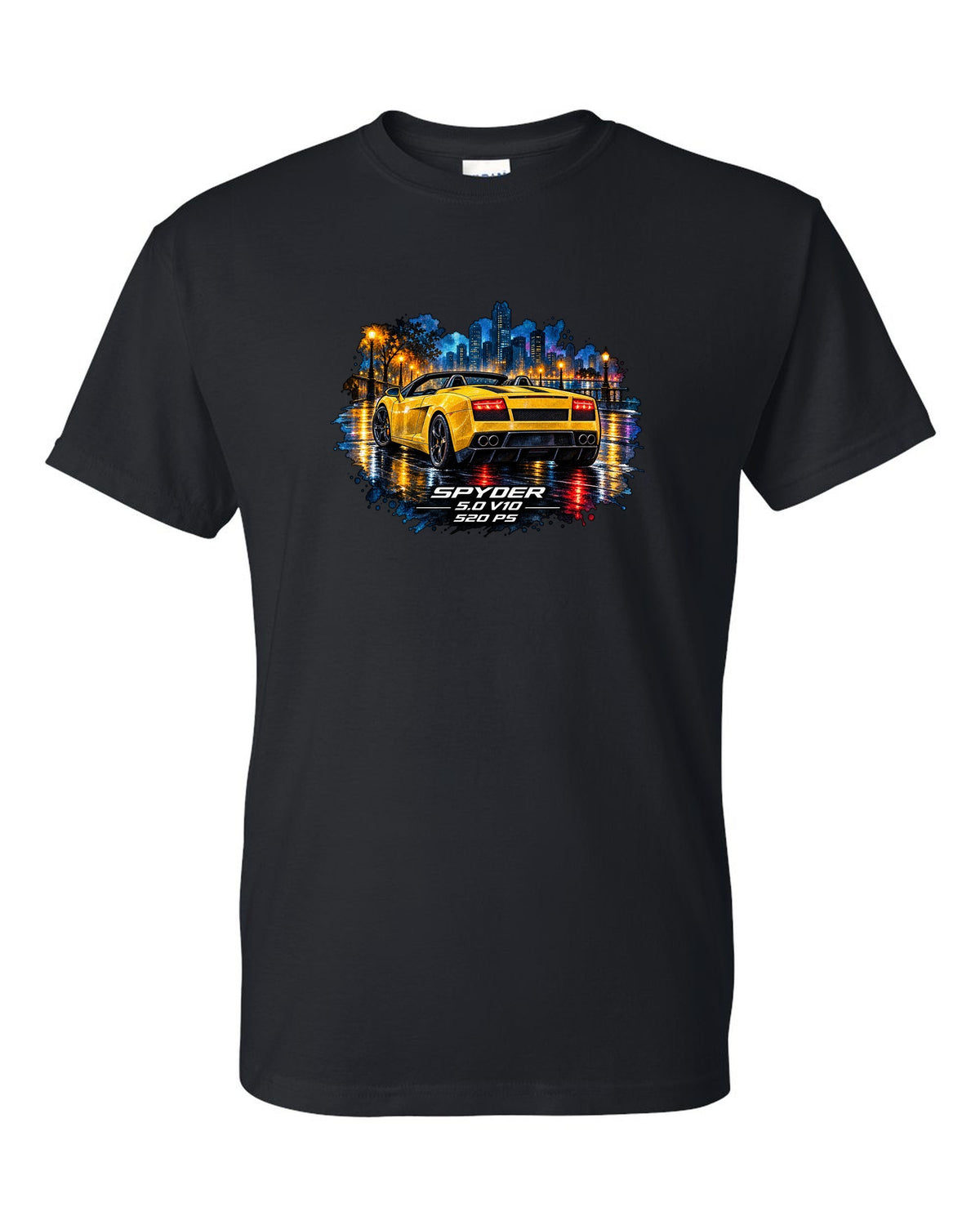 Watercolour wet-road night scene of a Lamborghini Gallardo Spyder with V10 and 520 PS text black t-shirt front view with the design