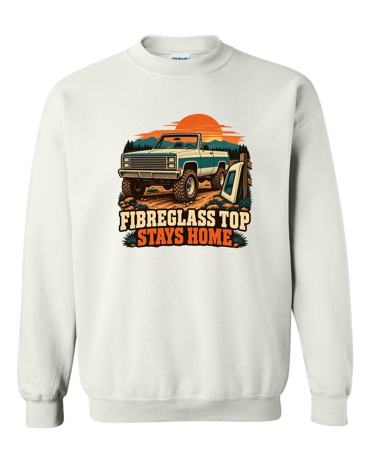 Retro two-colour print of a 1973-91 Chevrolet K5 Blazer with the top removed and FIBREGLASS TOP STAYS HOME text white crewneck front view with the design