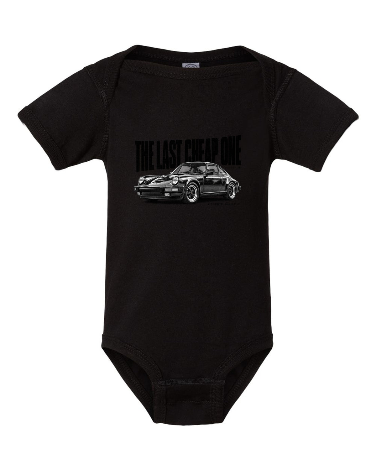 Halftone print of a Porsche 911 SC G-series with The Last Cheap One caption black baby onesie front view with the design