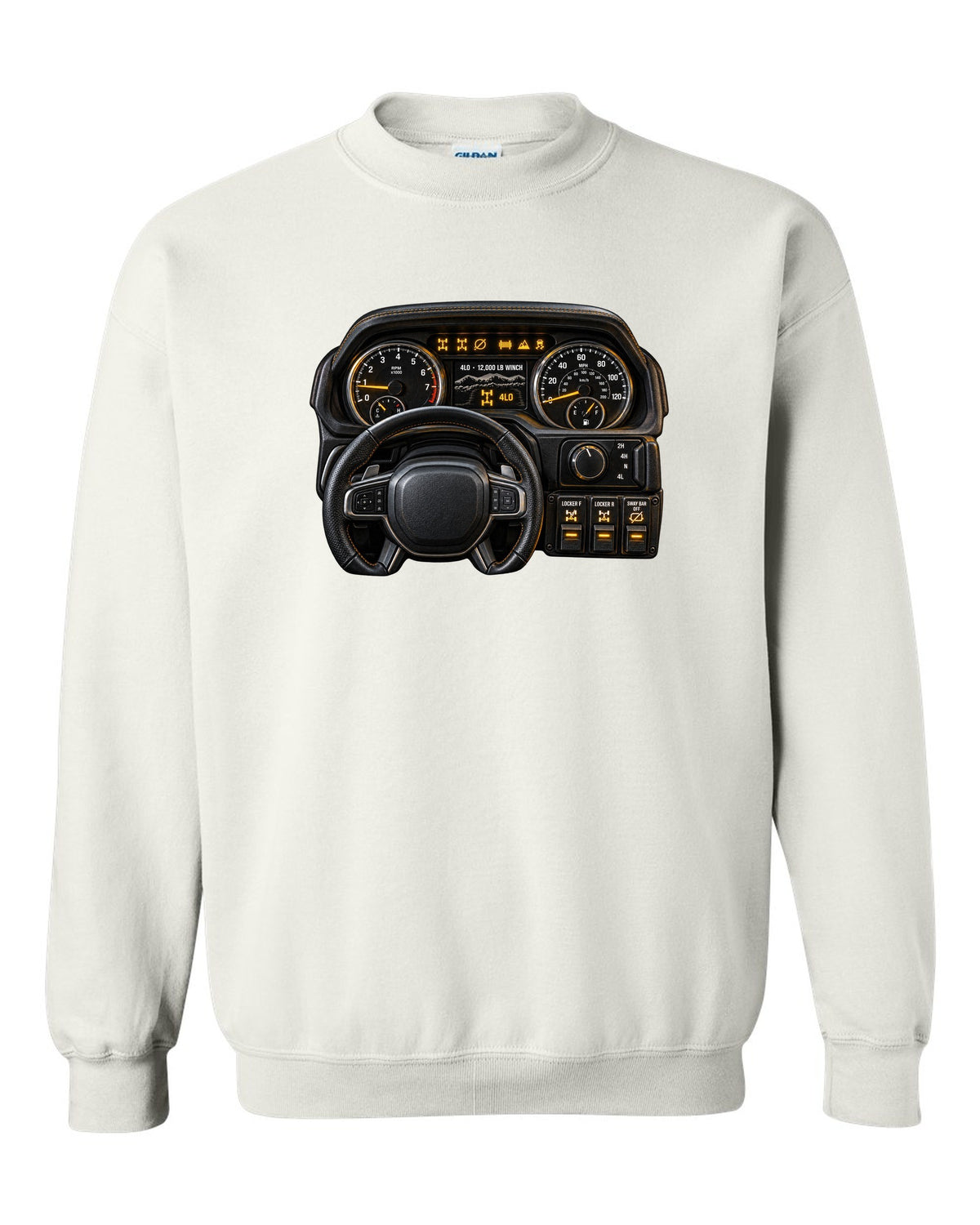 Cockpit gauge print of a Ram 2500 Power Wagon showing locker and sway bar readouts white crewneck front view with the design