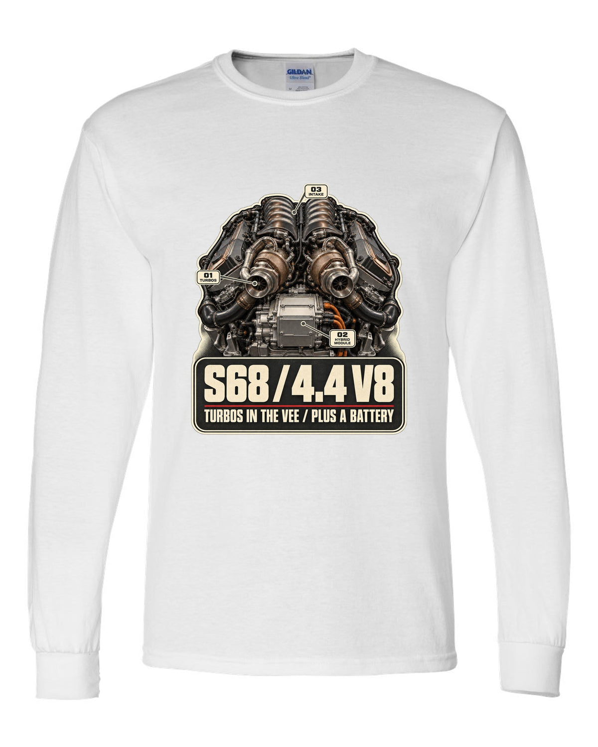 Engine hero print of the S68 4.4 V8 in the BMW XM G09 white long sleeve front view with the design