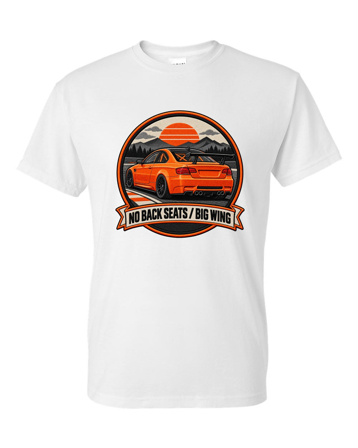 BMW E92 M3 GTS crest print with no back seats big wing text white t-shirt front view with the design