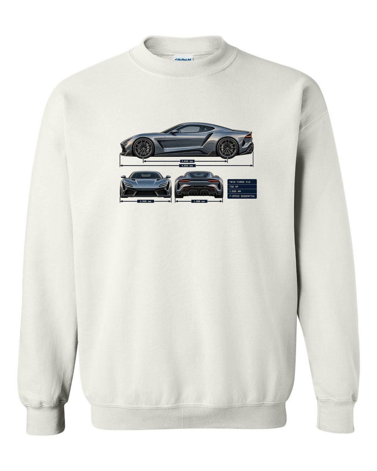 Three-view and spec table print of the Pagani Huayra coupe with 730 hp, 1,000 Nm, seven-speed sequential white crewneck front view with the design