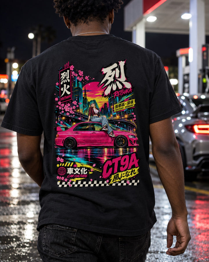 RETSUKA CT9A Anime Girl Full-Back Graphic Tee T-Shirt Black worn hero