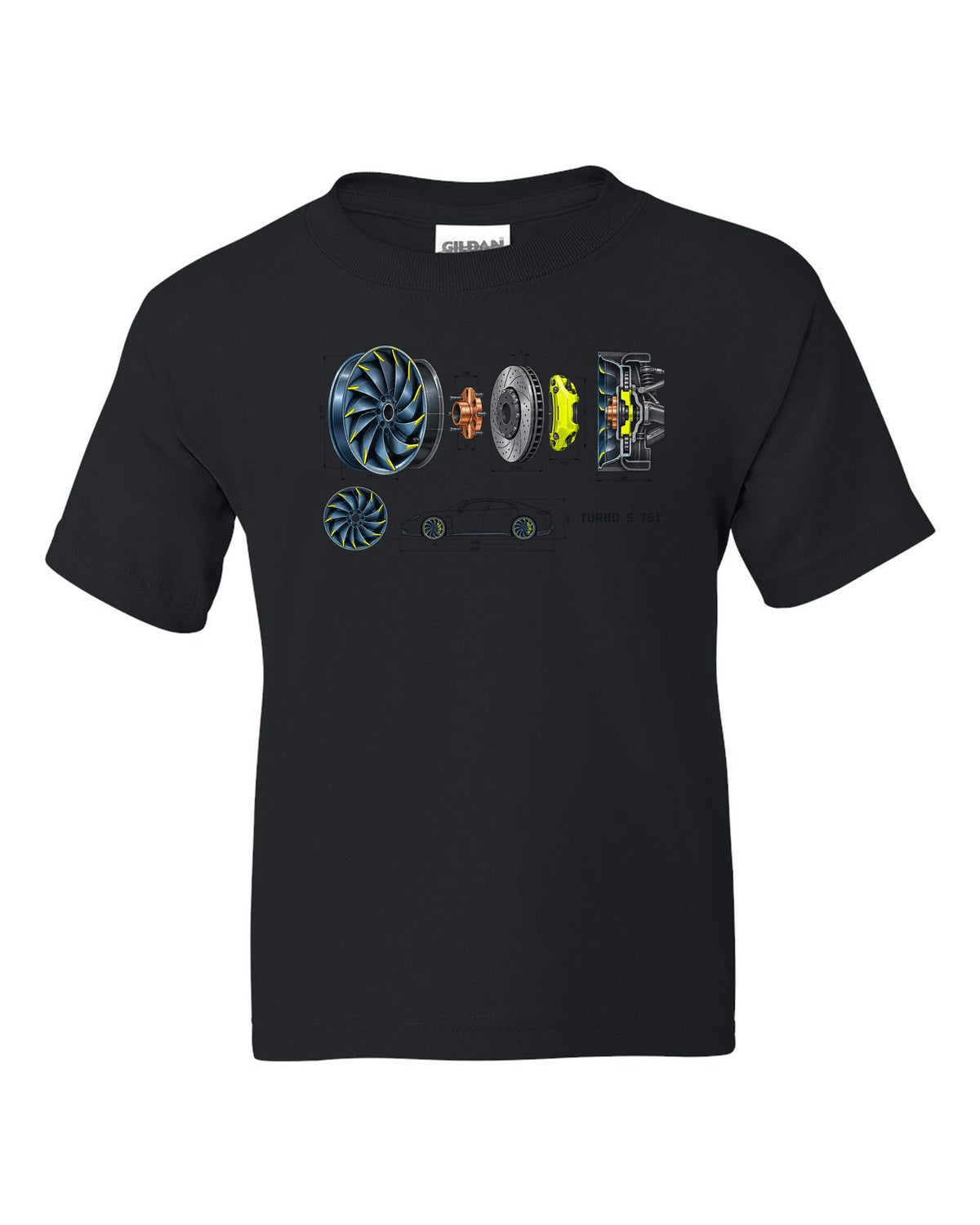 Porsche Taycan Turbo S 9J1 turbine wheel engineering schematic print with the text Turbo S 761 black kids tee front view with the design