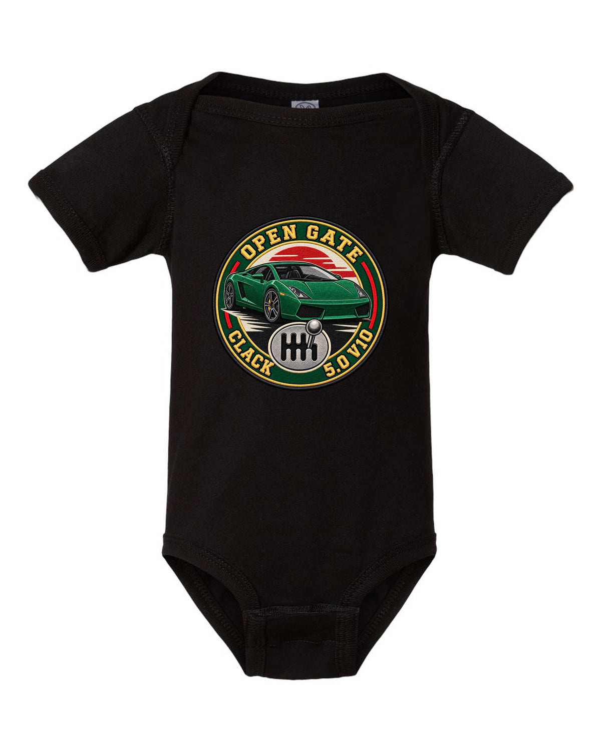 Embroidery-style crest of a Lamborghini Gallardo open-gate six-speed manual with V10 text black baby onesie front view with the design