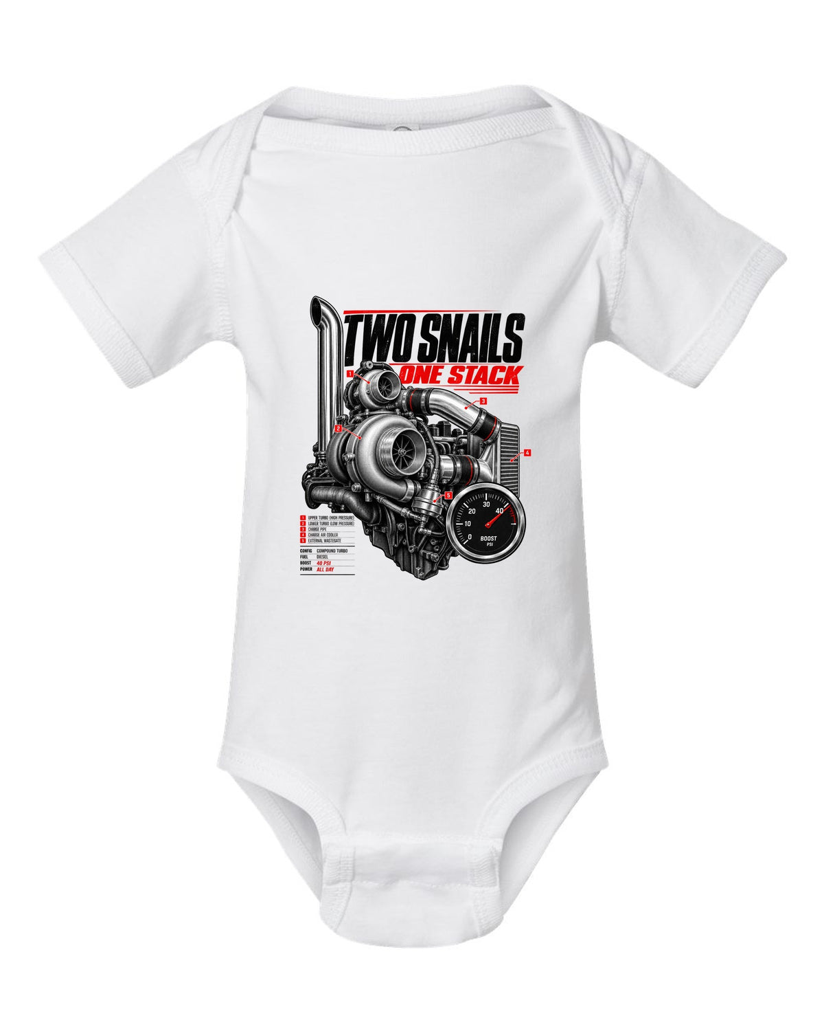 Engine hero print of a compound turbo diesel pickup boost gauge reading 40 psi white baby onesie front view with the design