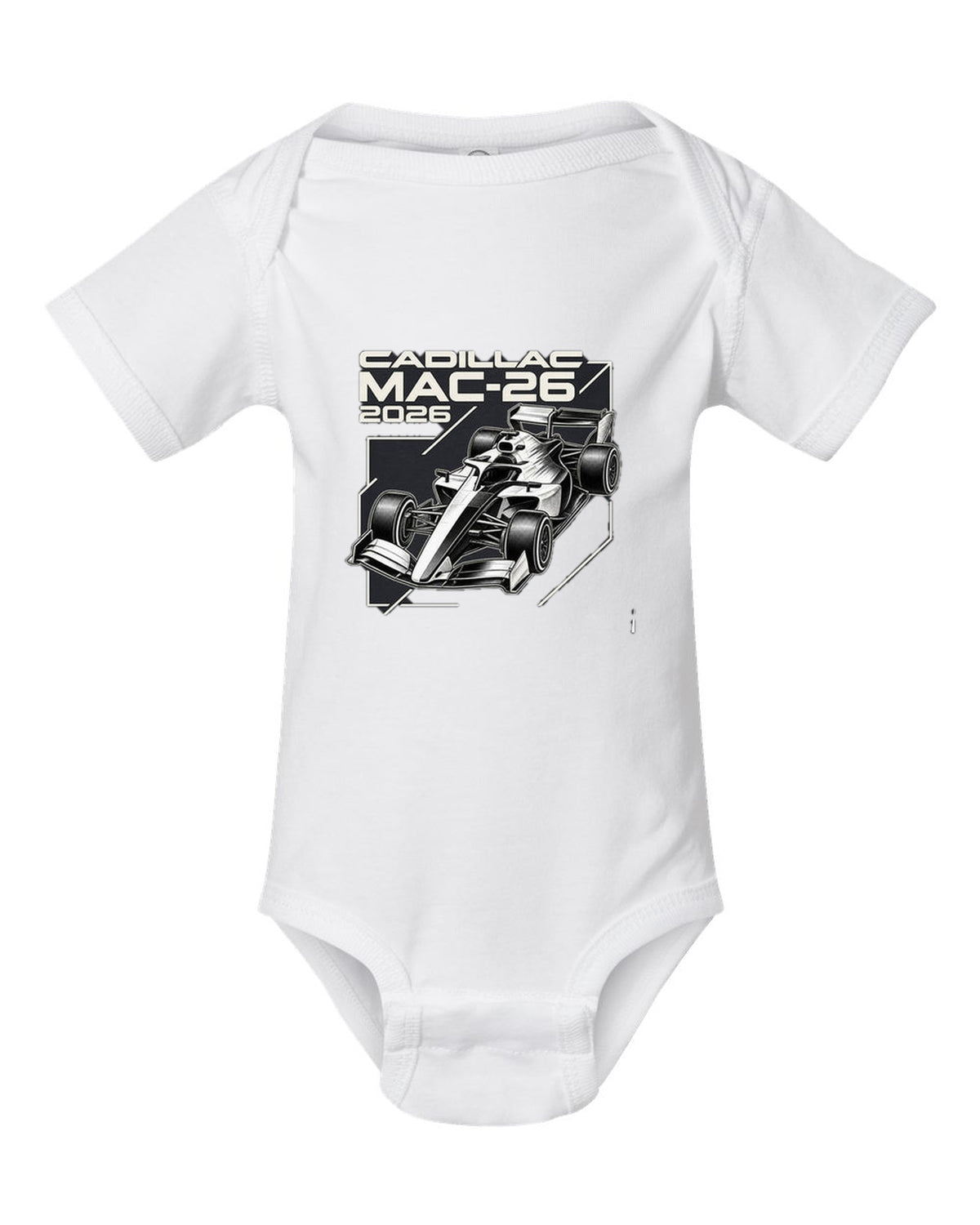 Cadillac MAC-26 2026 F1 car technical poster artwork white baby onesie front view with the design