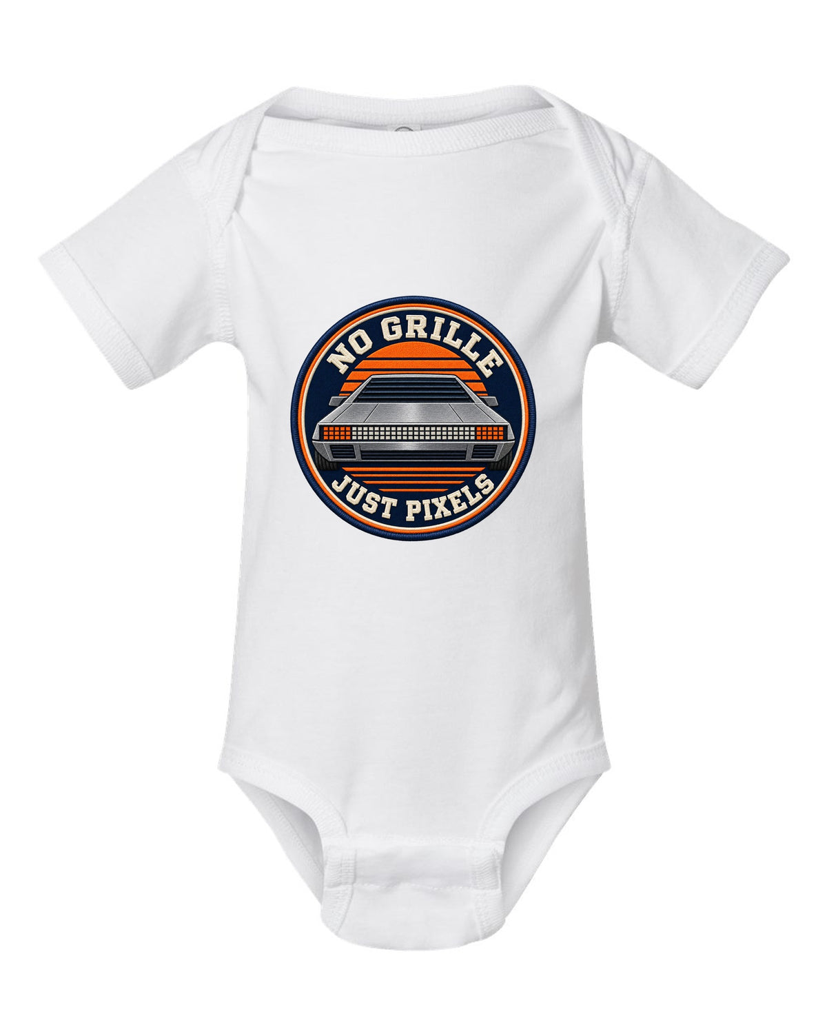 Varsity crest design of the Hyundai N Vision 74 concept with pixel styling white baby onesie front view with the design
