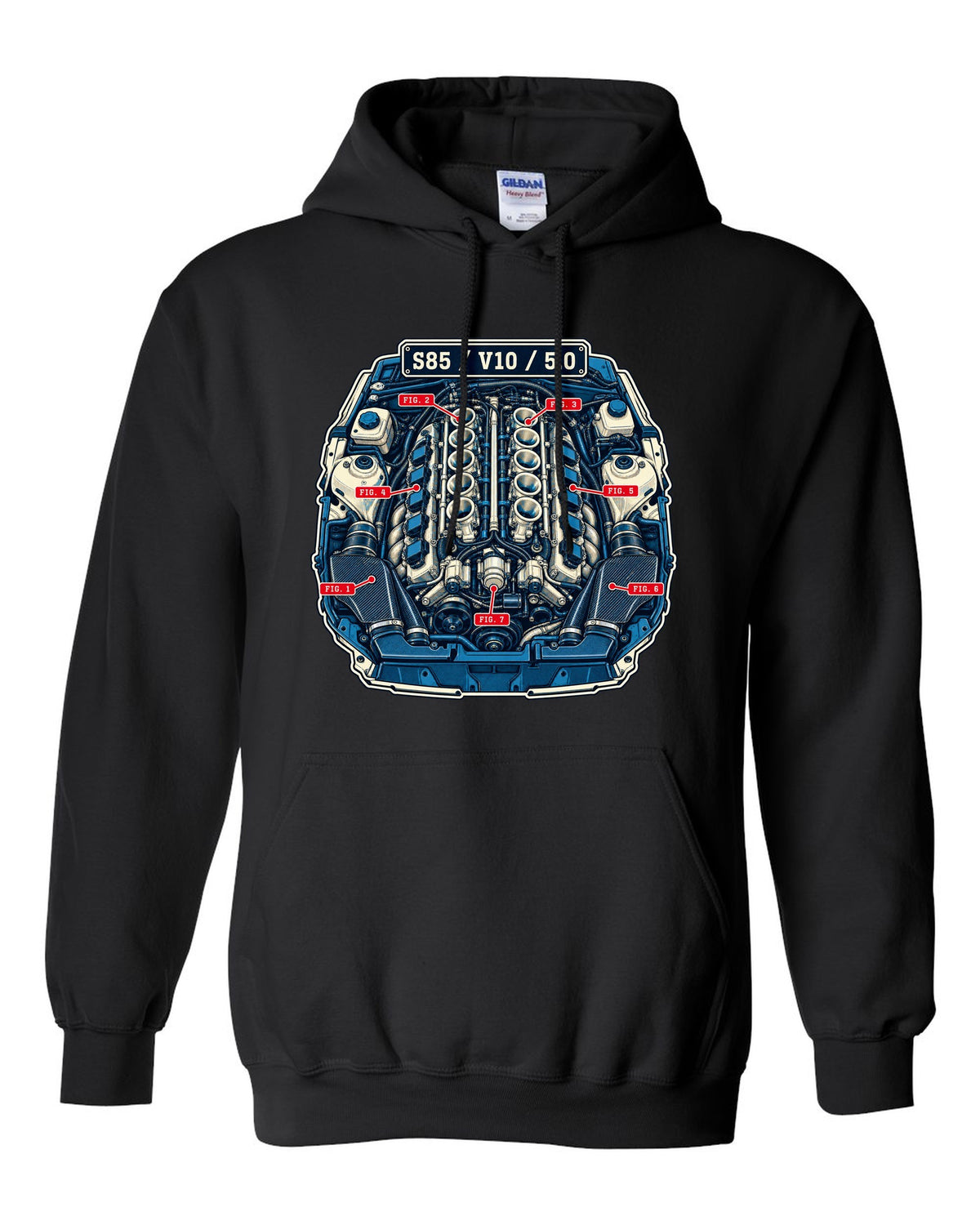 Blueprint patent-style line drawing of the BMW S85 V10 engine from the M5 E60 black pull over hoodie front view with the design