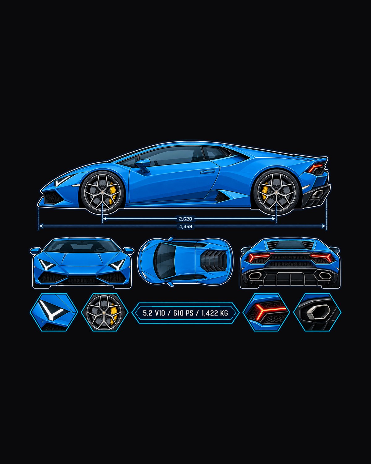 Huracan LP610-4 Colour Blueprint Shirt, 5.2 V10 Hex Study design only