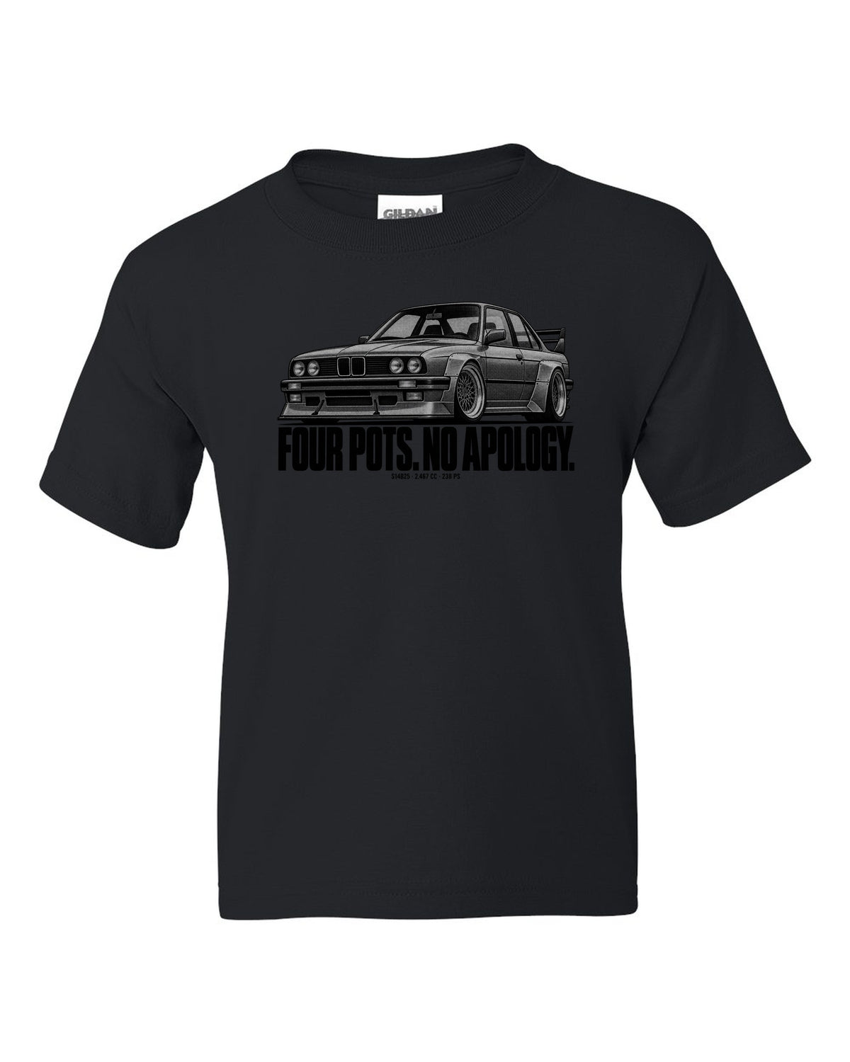 BMW E30 M3 Sport Evo halftone print with S14B25 2,467 cc and 238 PS text black kids tee front view with the design