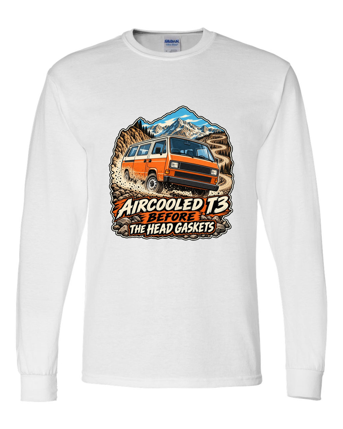 Vintage race poster style VW Vanagon T3 on a dusty pass with aircooled T3 before the head gaskets text white long sleeve front view with the design