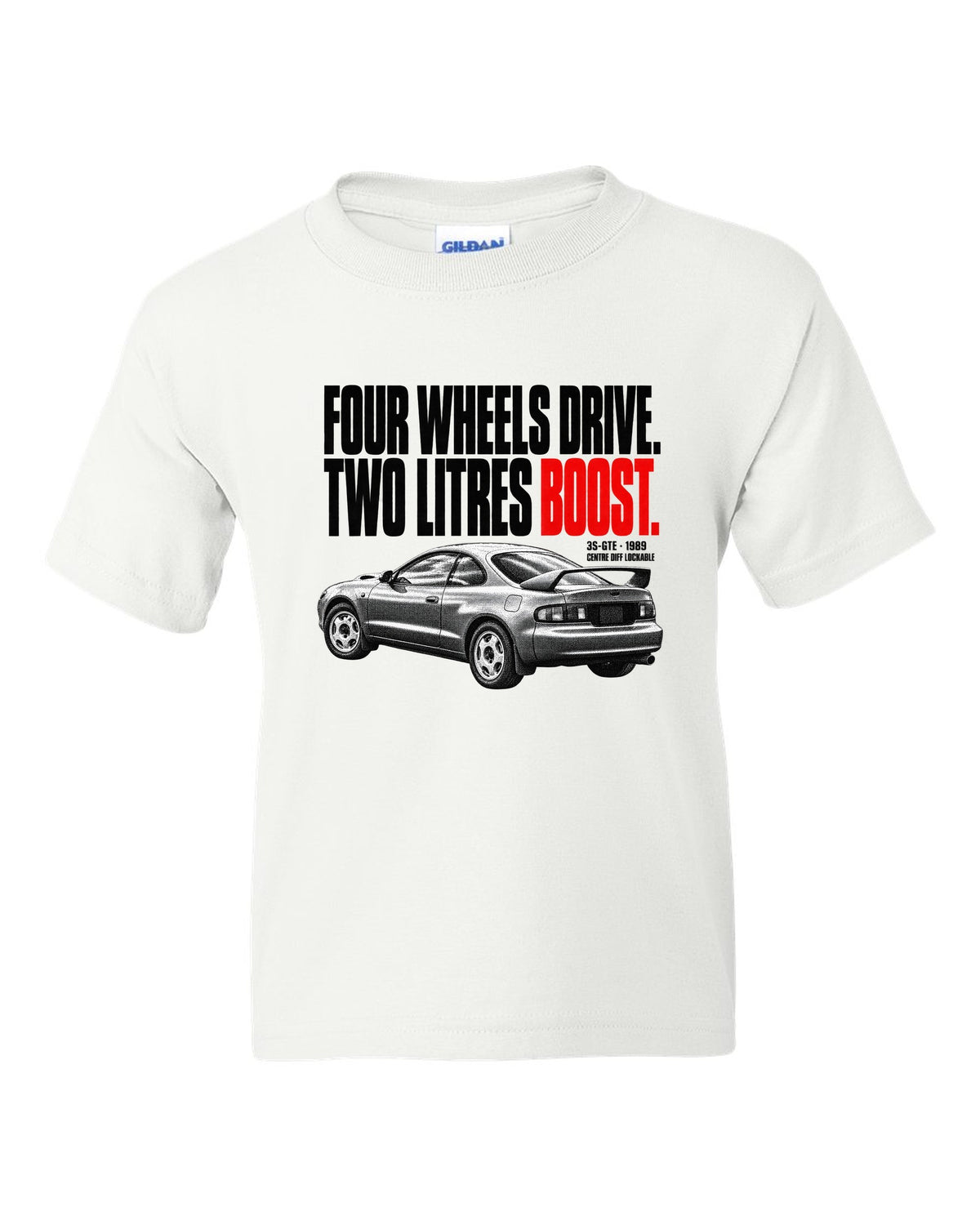 Halftone print of a Toyota Celica GT-Four ST185 with 3S-GTE and centre diff text white kids tee front view with the design