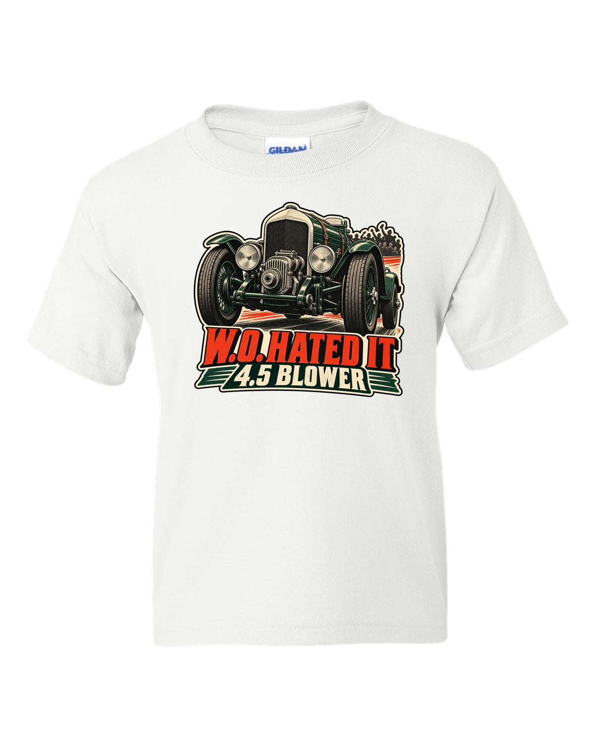 Vintage race poster style print of the 1929 Bentley 4.5 Litre Blower with W.O. lettering white kids tee front view with the design