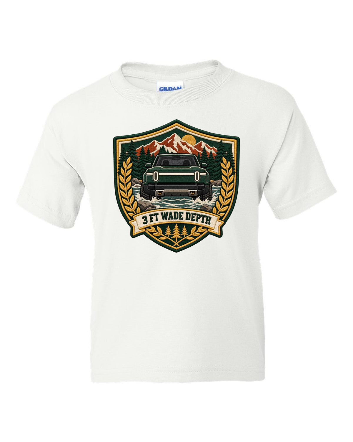 Rivian R1T varsity shield crest print with the text 3 ft wade depth white kids tee front view with the design