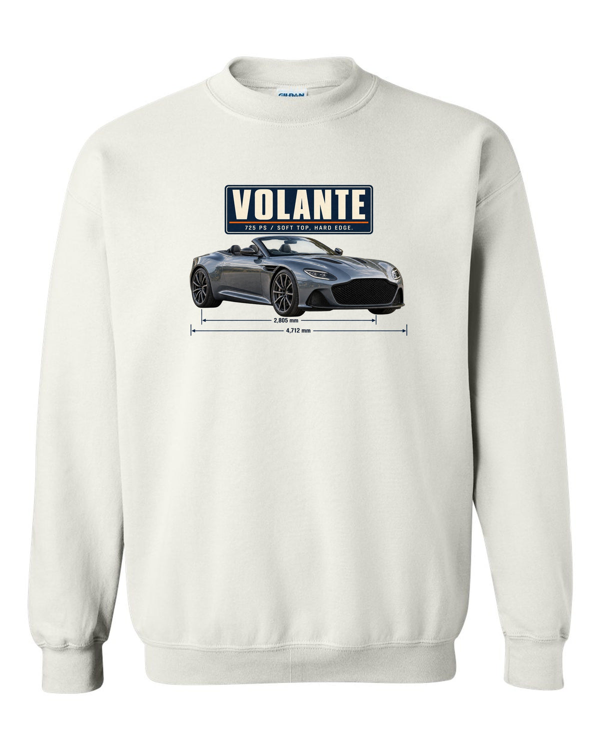 Aston Martin DBS Volante 2019 top-down editorial headline print with 725 PS text white crewneck front view with the design