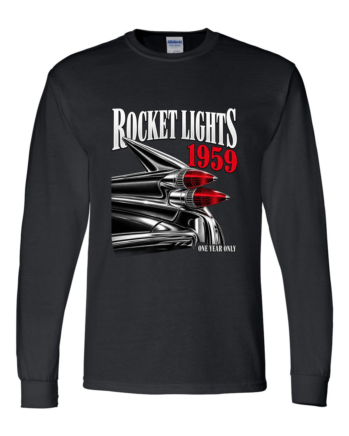print macro of the rocket taillights on a 1959 Cadillac Series 62 Coupe de Ville black long sleeve front view with the design