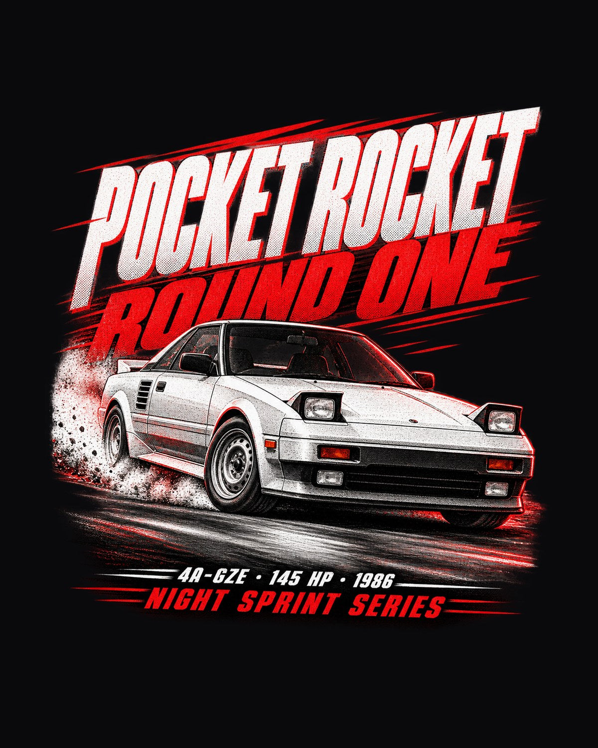 Pocket Rocket Race Poster Shirt, Supercharged Toyota MR2 AW11 design only
