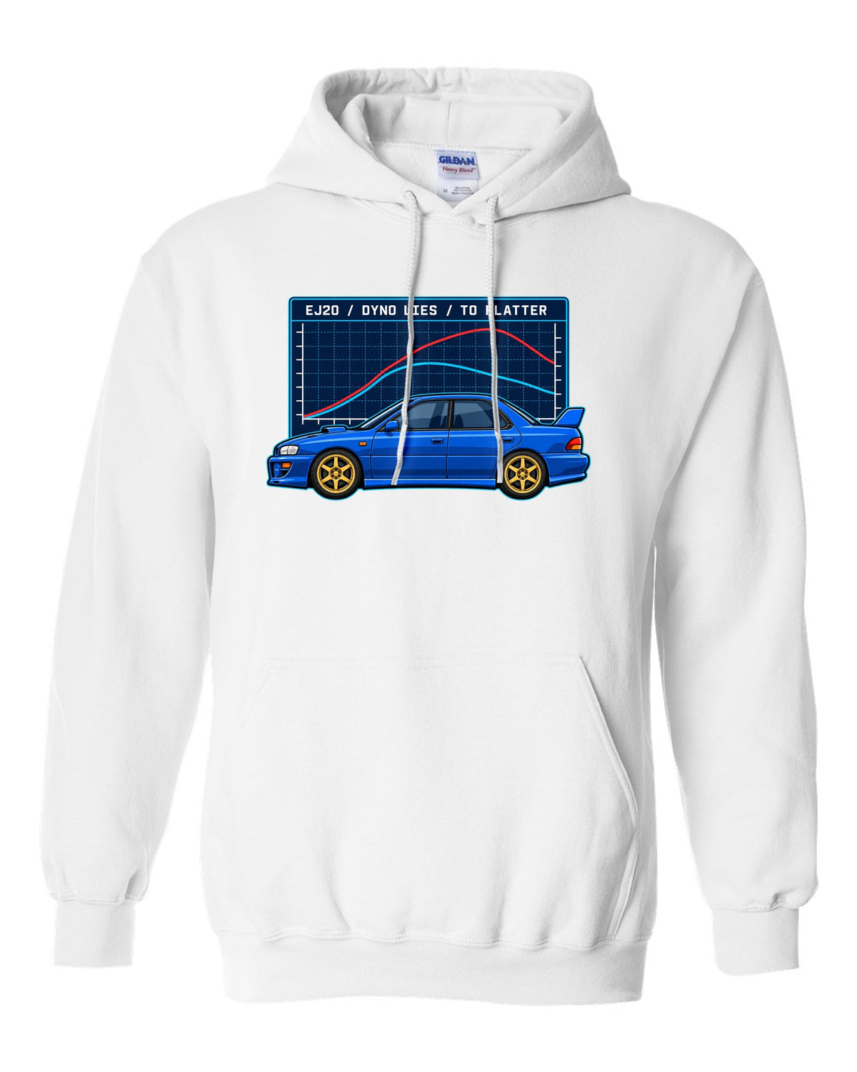 Vintage gauge face illustration pinned at 1.0 bar for a Subaru Impreza 22B STI white pull over hoodie front view with the design