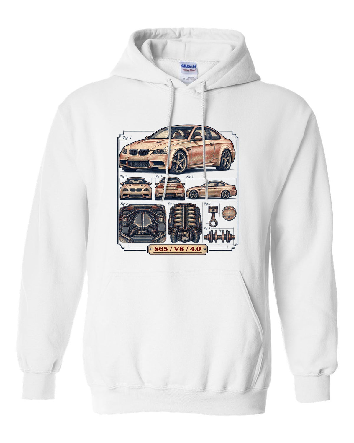 Blueprint patent line drawing of a BMW E92 M3 coupe with S65 V8 4.0 text white pull over hoodie front view with the design