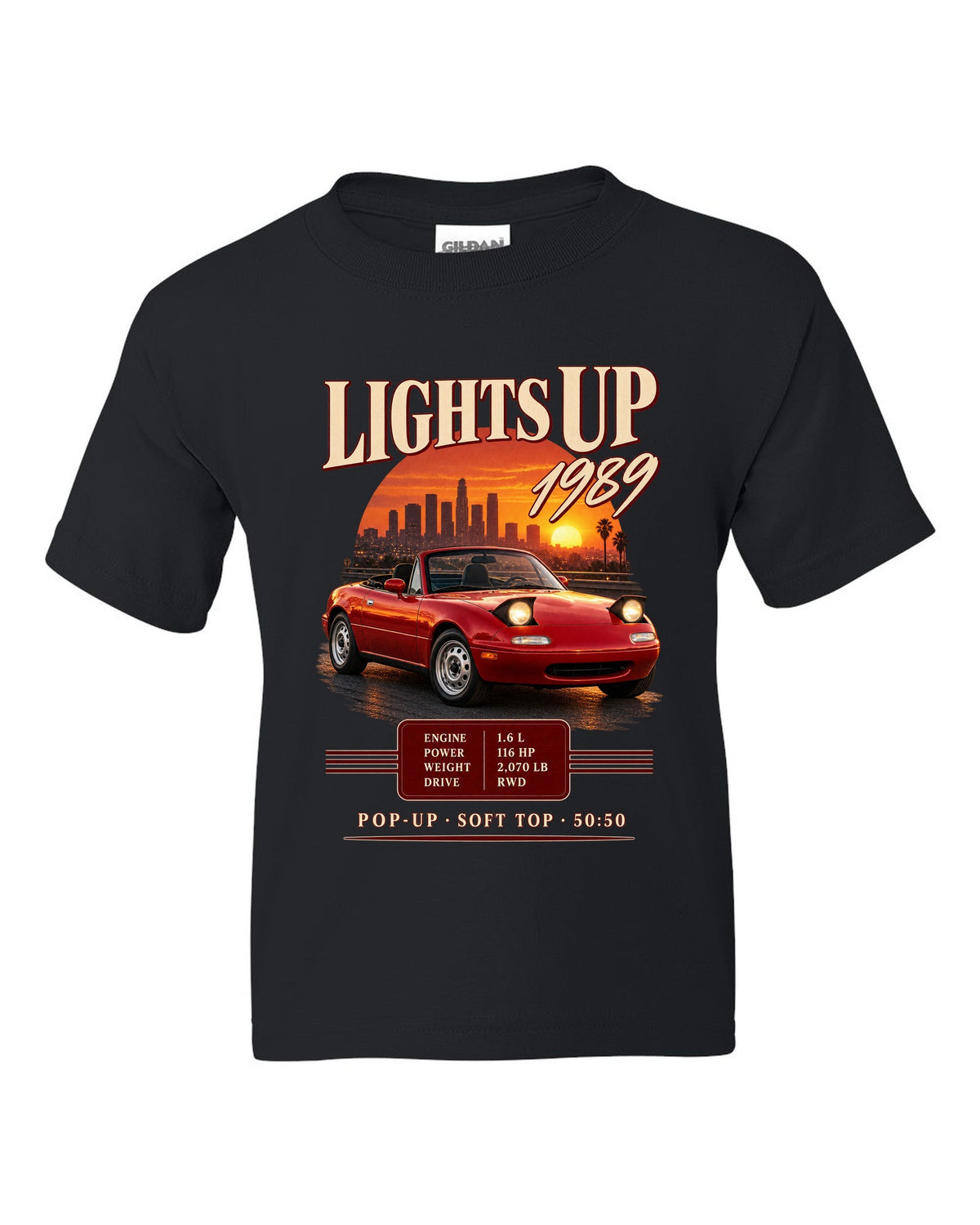 Archive panel print for the 1989 Mazda MX-5 NA with 116 HP, 2,070 lb and pop-up headlight specs black kids tee front view with the design