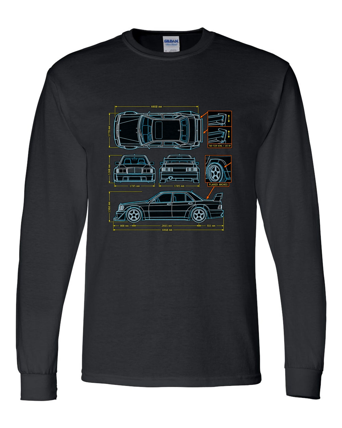Technical blueprint top-down line art print of a Mercedes-Benz 190E Evo II W201 with two-tier wing black long sleeve front view with the design