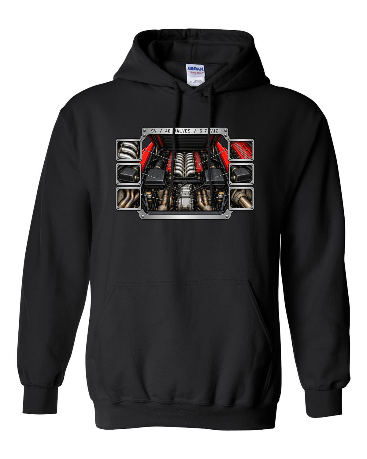 Spec-sheet data plate for a 1995 Lamborghini Diablo SV with 48 valves and 5.7 V12 black pull over hoodie front view with the design