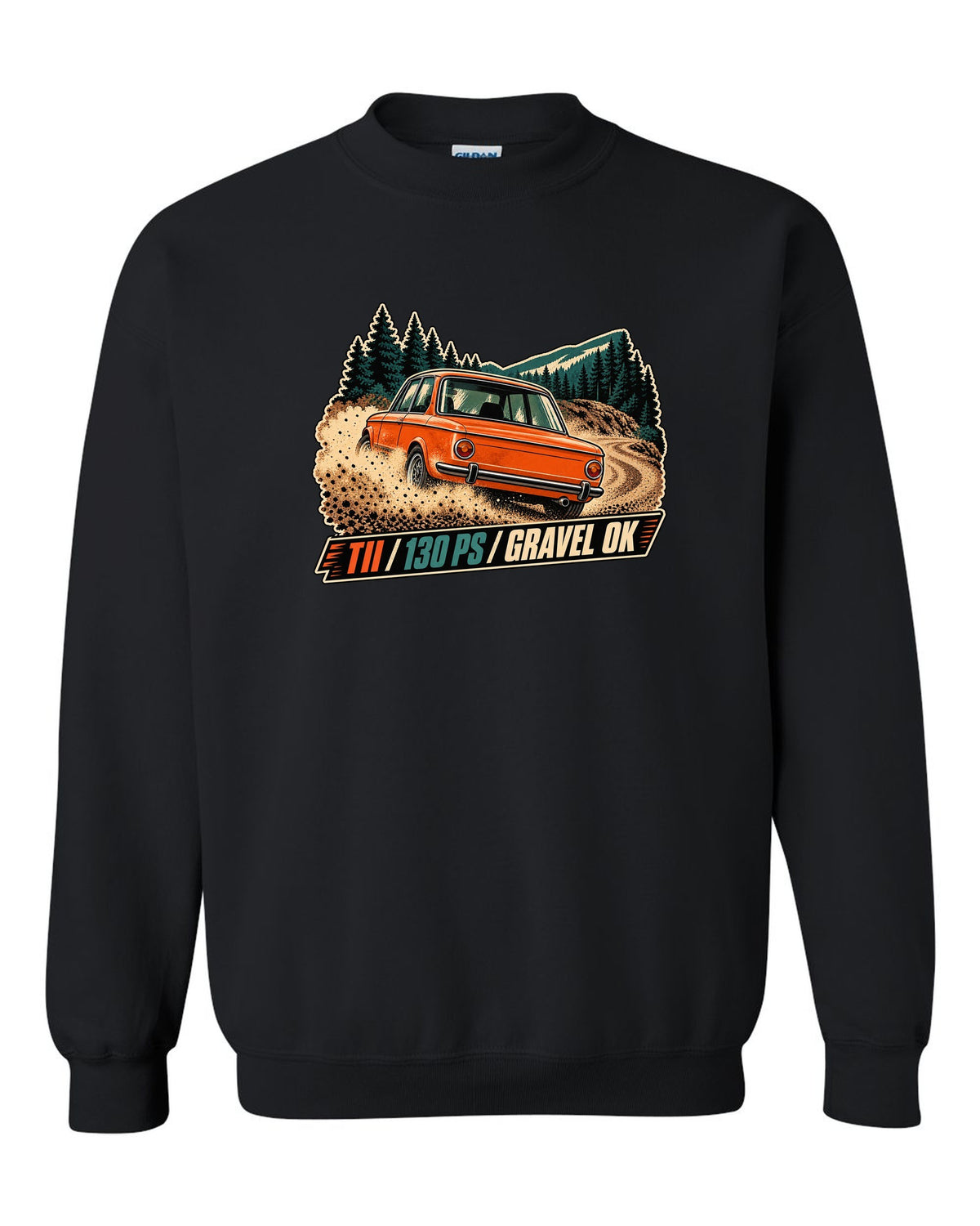 BMW 2002 tii vintage hillclimb race poster print with 130 PS text black crewneck front view with the design