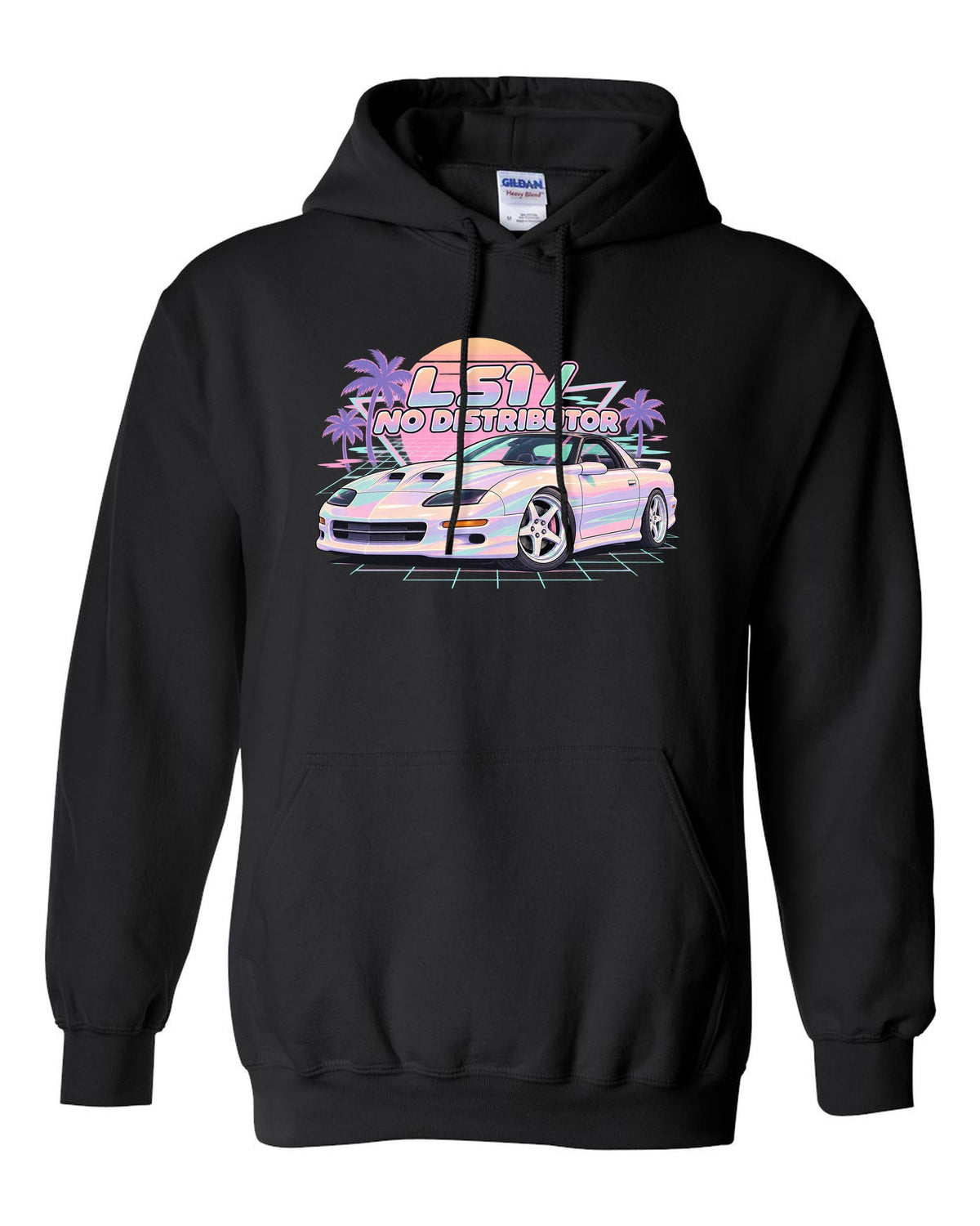 1998 Camaro SS fourth-generation on a pastel vaporwave grid with the text LS1 No Distributor black pull over hoodie front view with the design