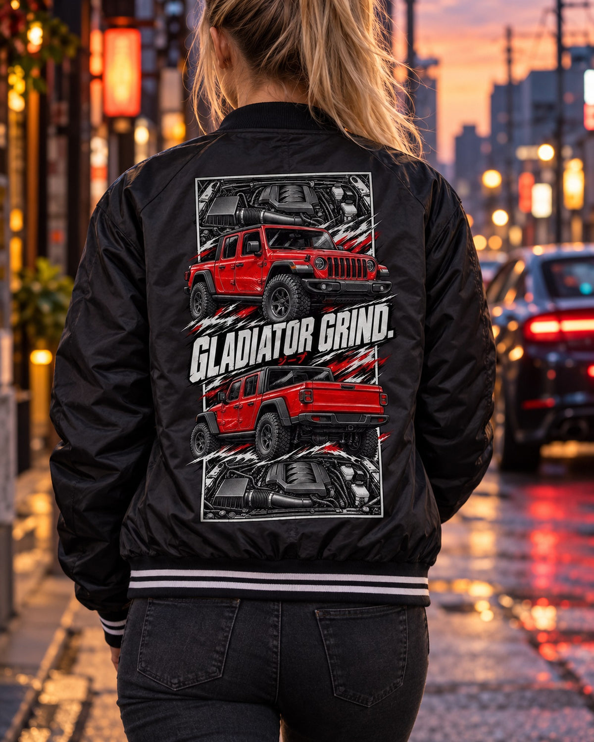 Jeep Gladiator Torn Poster Full-Back Graphic Tee Bomber Jacket Black worn hero
