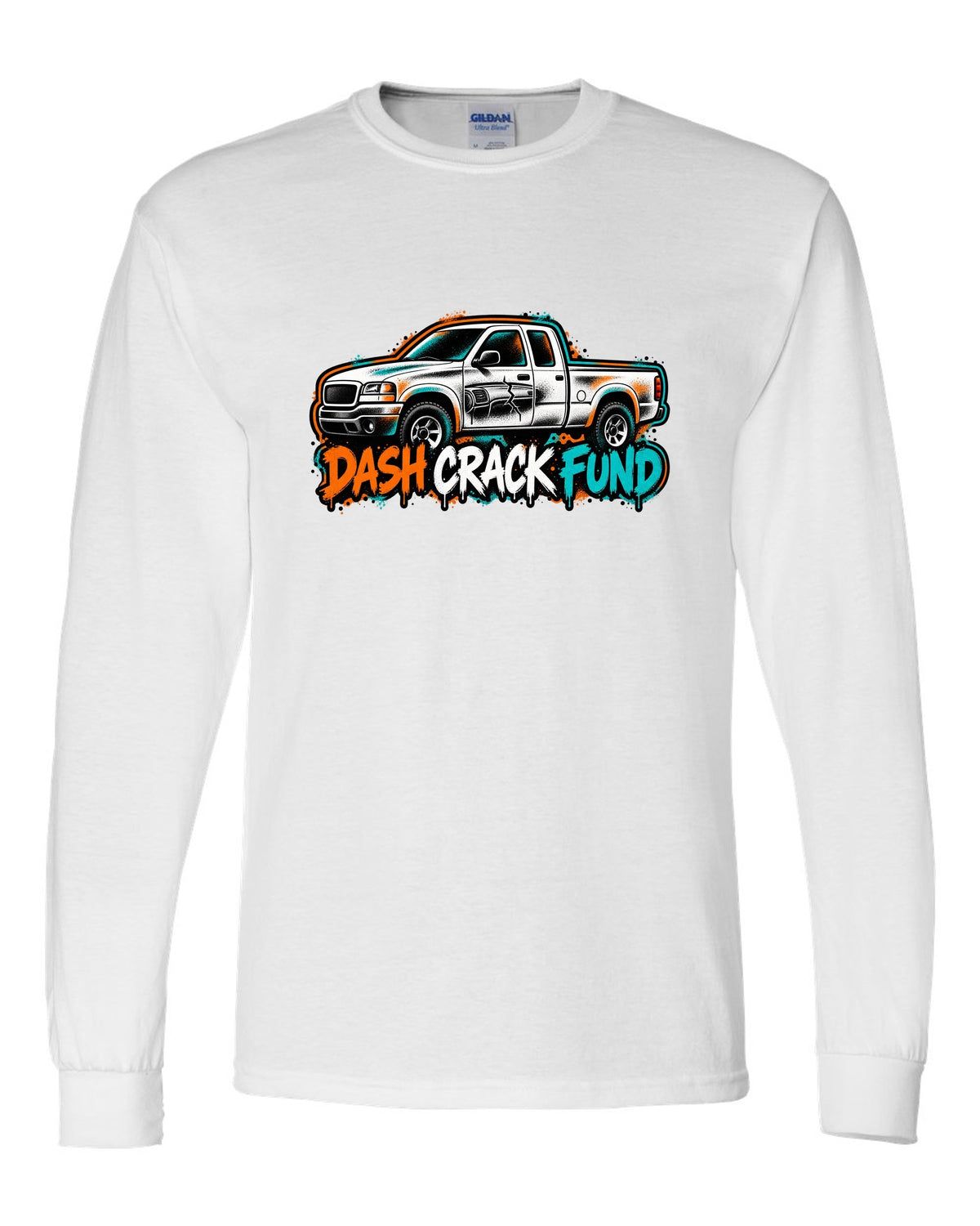 NBS Silverado GMT800 Spray Stencil Tee, Dash Crack Fund white long sleeve front view with the design