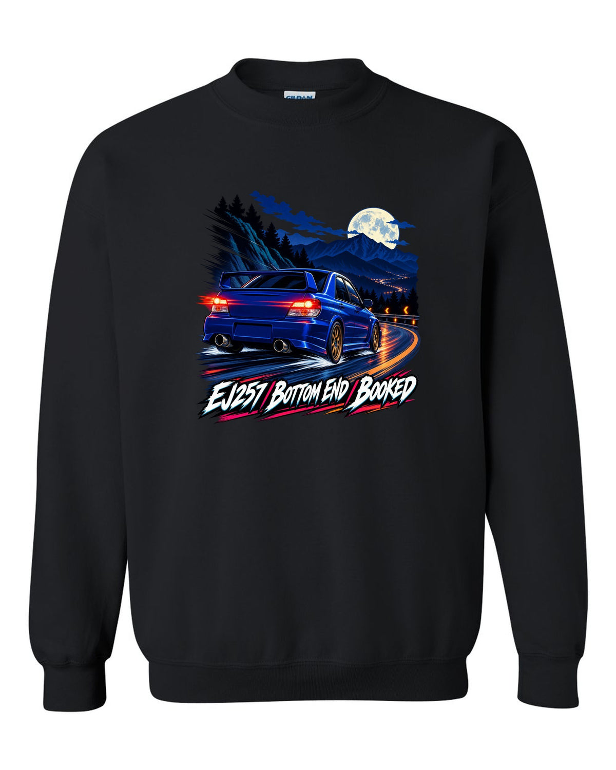 Racing-stripe livery print of a Subaru Impreza WRX GDB Blobeye black crewneck front view with the design