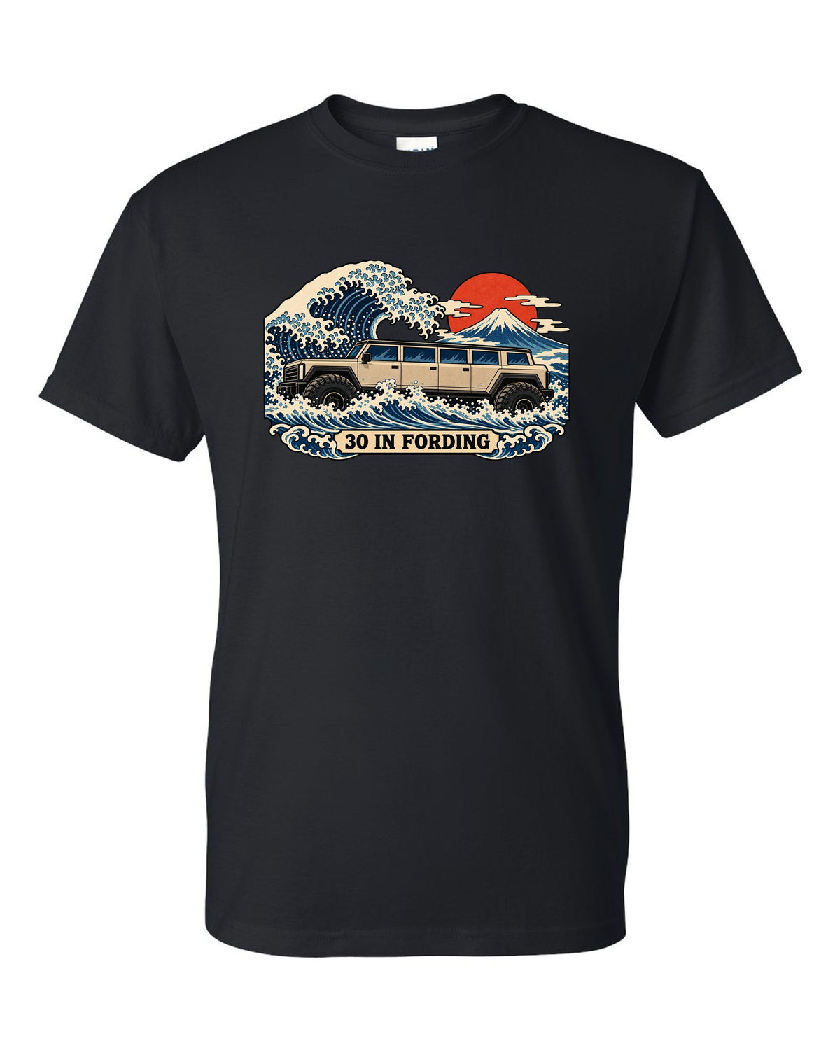 Ukiyo-e woodblock wave print with a 1992-2006 Hummer H1 and 30 IN FORDING text black t-shirt front view with the design