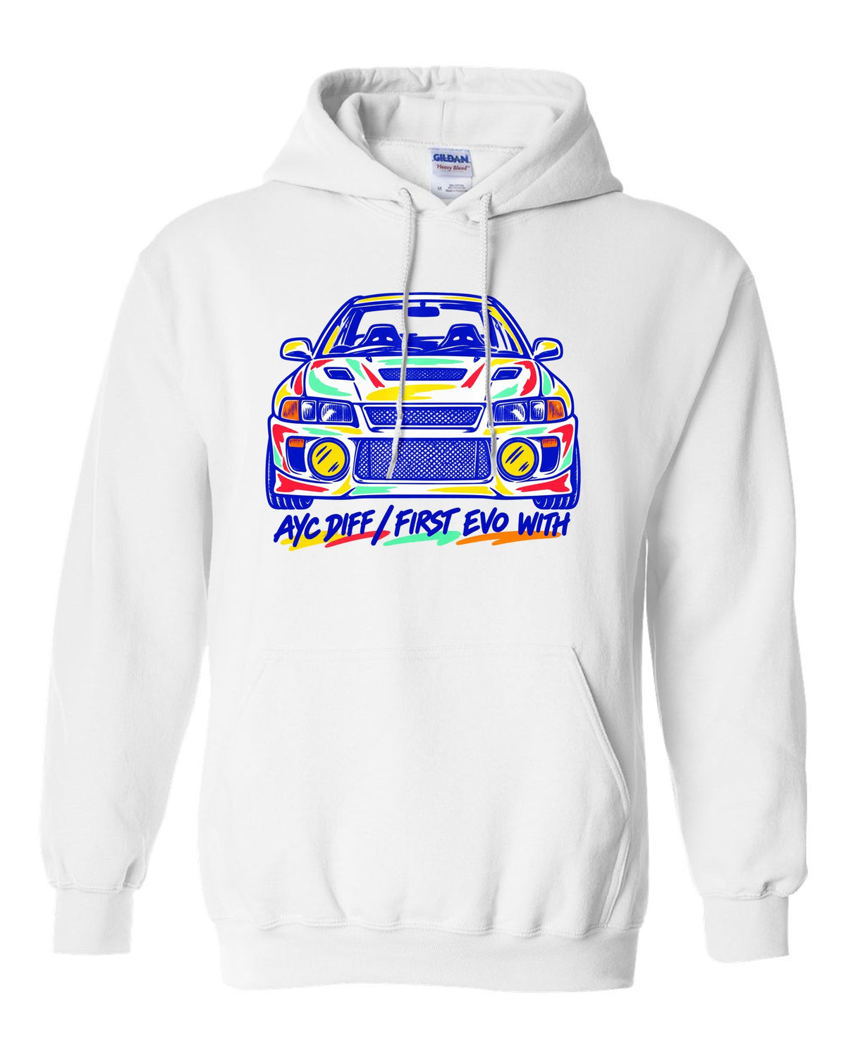 Mono-line napkin sketch of a Mitsubishi Lancer Evolution IV CN9A white pull over hoodie front view with the design