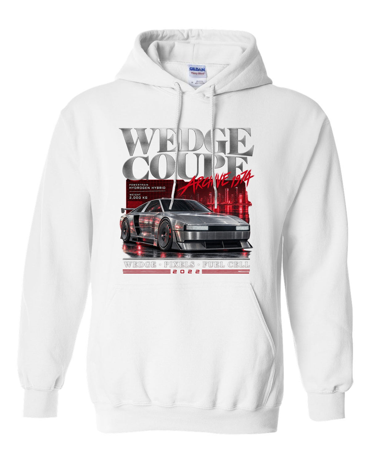 Hyundai N Vision 74 archive panel print with wedge coupe and hydrogen hybrid text white pull over hoodie front view with the design